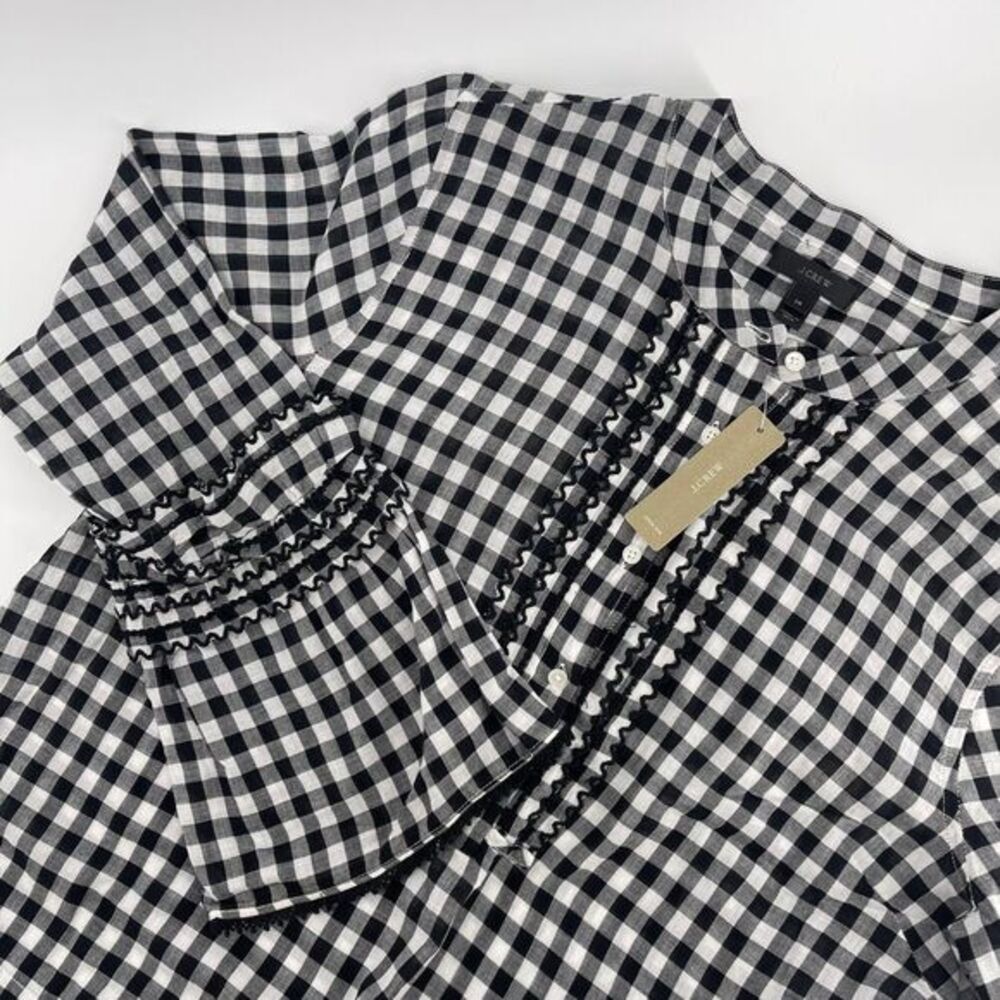 J. Crew‎ Women's Black/White Gingham Check Bell Sleeve Blouse Size 14 NWT